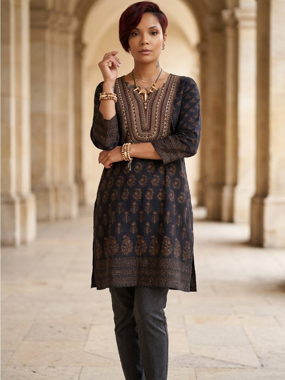 Navy Blue Tunic Top with Gold Paisley Print☑️